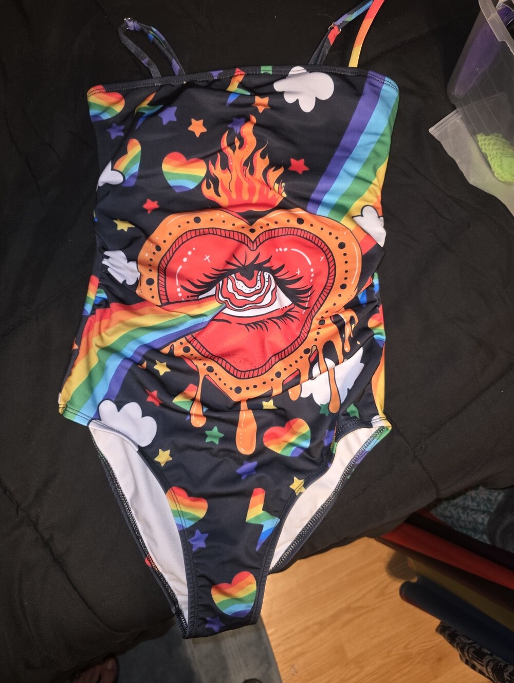 Black Rainbow Heart Graphic One-Piece Swimsuit